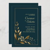 Navy Gold Leaf Botanical Wedding Einladung (Vorne/Hinten)