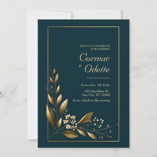 Navy Gold Leaf Botanische Hochzeit Einladung (Vorderseite)