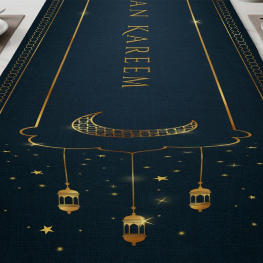 Navy Gold Linen Texture Islamic Ramadan Family Kurzer Tischläufer