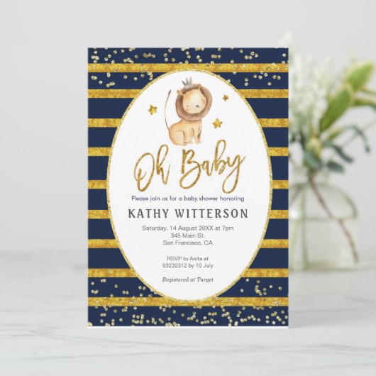 Navy Gold Lion Oh Baby Dusche Einladung (Stehend Vorderseite)