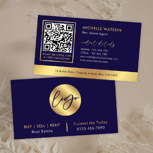 Navy & Gold Logo Modern Real Anwesen QR Code Visitenkarte