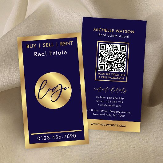 Navy & Gold Logo Moderner Notar-Real-Anwesen QR-Co Visitenkarte