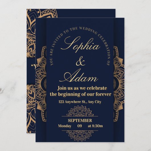 Navy & Gold Mandala Invitation Save The Date (Vorne/Hinten)