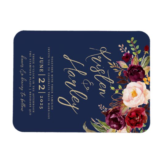 Navy Gold Marsala Wedding Einladung Magnet (Horizontal)
