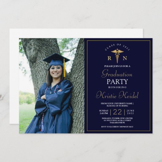 Navy Gold Medical Nursing School Graduation Party Einladung (Vorne/Hinten)