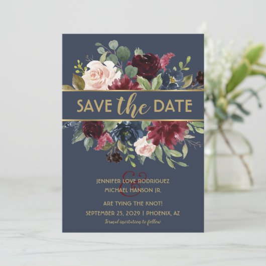 Navy Gold Merlot Floral Blogs Save the Date Einladung (Stehend Vorderseite)