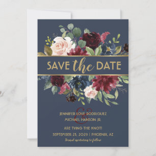 Navy Gold Merlot Floral Blogs Save the Date Einladung