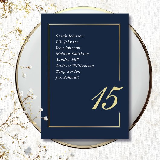 Navy Gold Minimal Border Script Typography Wedding Tischnummer