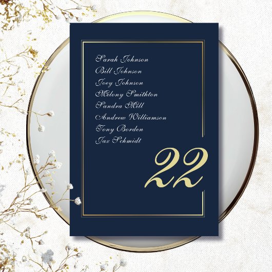 Navy Gold Minimal Script Calligraphy Wedding Tischnummer