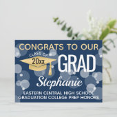 Navy Gold Modern Confetti Bokeh Bubbles Abschluss Einladung (Stehend Vorderseite)