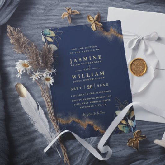 Navy Gold Modern Elegant Chic QR Code Wedding Einladung