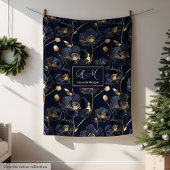 Navy Gold Monogram Blanket Chic Floral Decor Fleecedecke