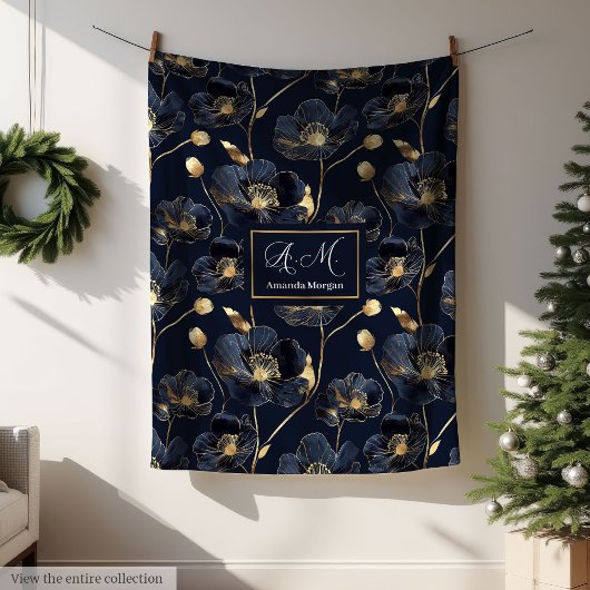 Navy Gold Monogram Blanket Chic Floral Decor Fleecedecke