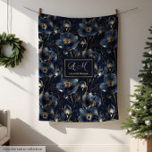 Navy Gold Monogram Blanket Chic Floral Decor Fleecedecke