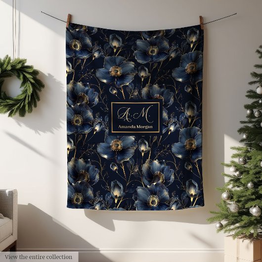 Navy Gold Monogram Blanket Chic Floral Decor Fleecedecke