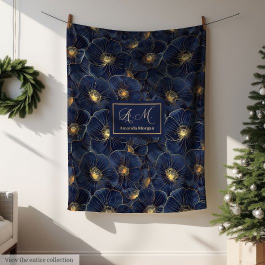Navy Gold Monogram Blanket Chic Floral Decor Fleecedecke