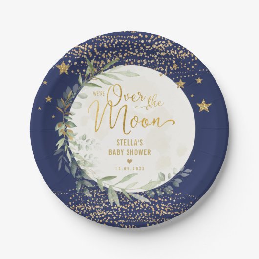 Navy Gold Moon & Stars Grüne Kinderdusche Pappteller (Vorderseite)