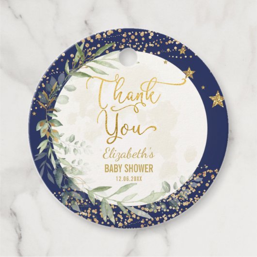 Navy Gold Moon Twinkle Little Star Baby Dusche Geschenkanhänger (Vorderseite)