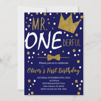 Navy & Gold, Mr. Onederful Birthday, Polka Dots Einladung