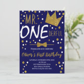Navy & Gold, Mr. Onederful Birthday, Polka Dots Einladung (Stehend Vorderseite)