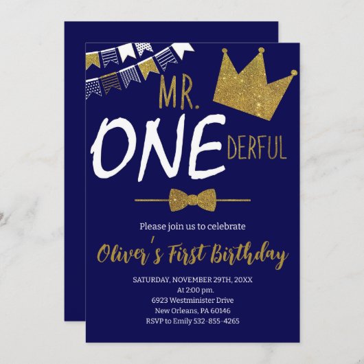 Navy & Gold, Mr.Onederful Invite, Junge 1. Geburts Einladung (Vorne/Hinten)