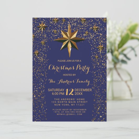 Navy Gold North Star Glitzer Confetti Weihnachten Einladung (Stehend Vorderseite)