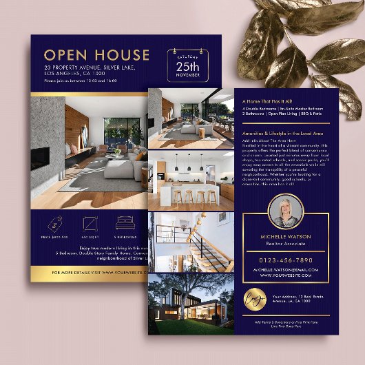 Navy & Gold Open House zum Verkauf Flyer mit Fotos