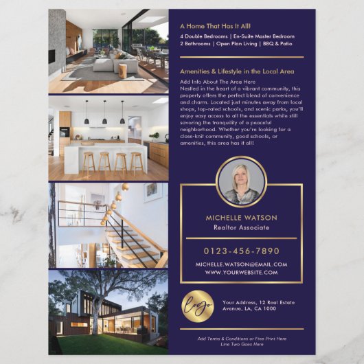 Navy & Gold Open House zum Verkauf Flyer mit Fotos (Hinten)