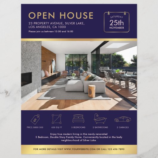 Navy & Gold Open House zum Verkauf Flyer mit Fotos (Vorne)