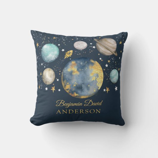Navy Gold Oututer Space Galaxy Moon Star Boy Kinde Kissen (Vorderseite)