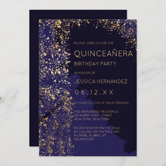 Navy Gold Paint Spritzer Brushstroke Quinceañera Einladung (Vorne/Hinten)