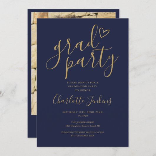 Navy Gold Party Script Foto Graduation Party Einladung (Vorne/Hinten)