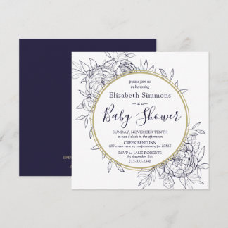 Navy & Gold Peony Modern Floral Toile Baby Dusche Einladung