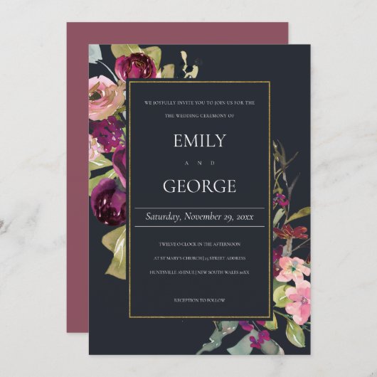 NAVY GOLD PINK BURGUNDY ROSE FLORAL WEDITE EINLADU DANKESKARTE (Vorne/Hinten)