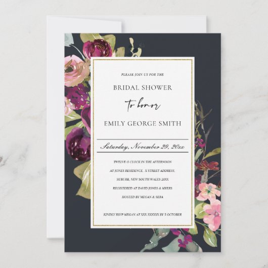 NAVY GOLD PINK RED ROSE FLORA BRIDAL SHOWER INVITE DANKESKARTE (Vorderseite)