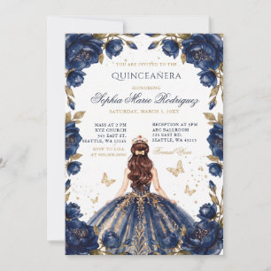 Navy Gold Prinzessin Floral Tiara Quinceañera Einladung