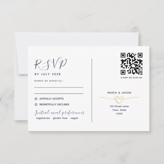 Navy Gold QR Code und Traditionelle RSVP Karte (Vorderseite)