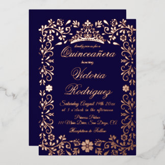 Navy Gold Quinceañera Elegant Floral  Folieneinladung