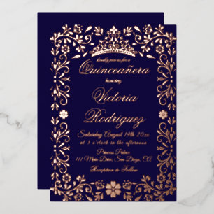 Navy Gold Quinceañera Elegantes Florales  Folieneinladung