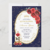 Navy Gold Quinceañera Enchanted Red Roses Party Einladung (Vorderseite)