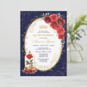 Navy Gold Quinceañera Enchanted Red Roses Party Einladung (Stehend Vorderseite)
