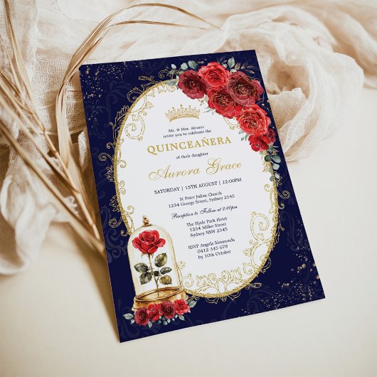 Navy Gold Quinceañera Enchanted Red Roses Party Einladung