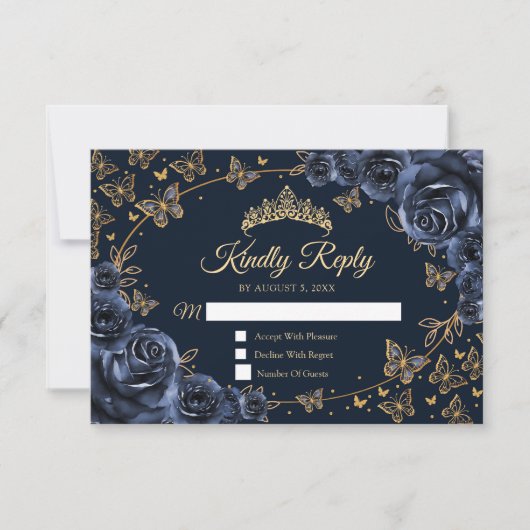 Navy Gold Quinceanera Reply RSVP Karte (Vorderseite)