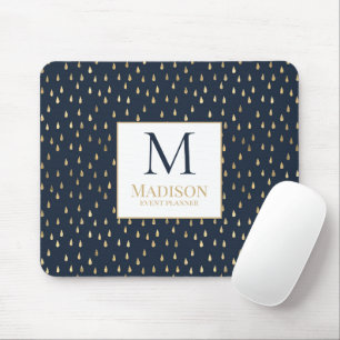 Navy Gold Raindrop Modern Trendy Monogram Mousepad