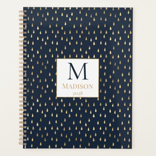 Navy Gold Raindrop Modern Trendy Monogram Planer (Vorderseite)