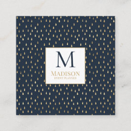 Navy Gold Raindrop Modern Trendy Monogram Quadratische Visitenkarte