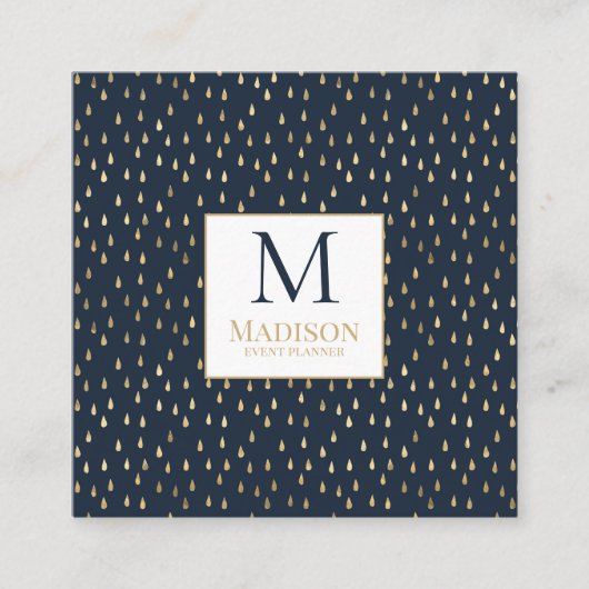 Navy Gold Raindrop Modern Trendy Monogram Quadratische Visitenkarte (Vorderseite)