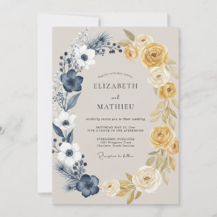 Navy Gold Ranunculus Eukalyptus Hochzeit Einladung