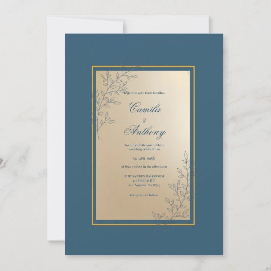 Navy Gold Rectangle Floral Boho Hochzeit Einladung (Vorderseite)