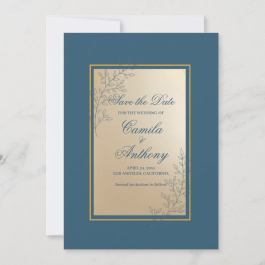 Navy Gold Rectangle Floral Boho Save the Date Einladung (Vorderseite)